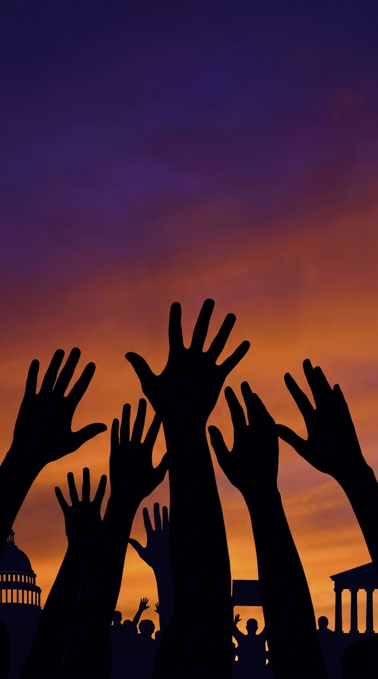 A silhouette of raised hands against a colorful sunset sky.