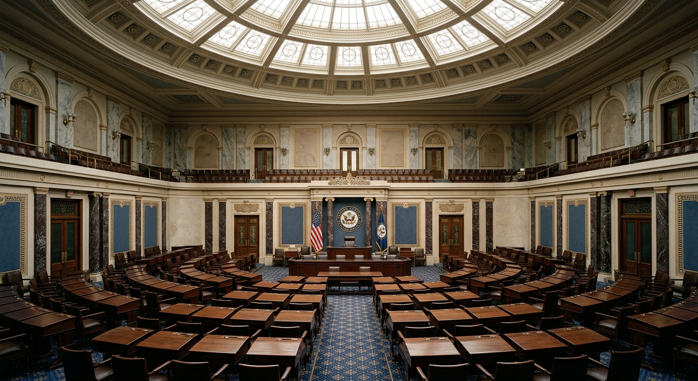 An interior view of a legislative chamber with rows of wooden desks and a large dome ceiling.