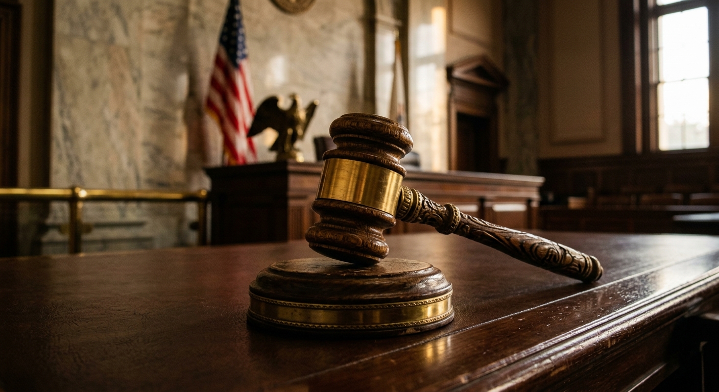 A wooden gavel rests on a polished table in a courtroom setting.