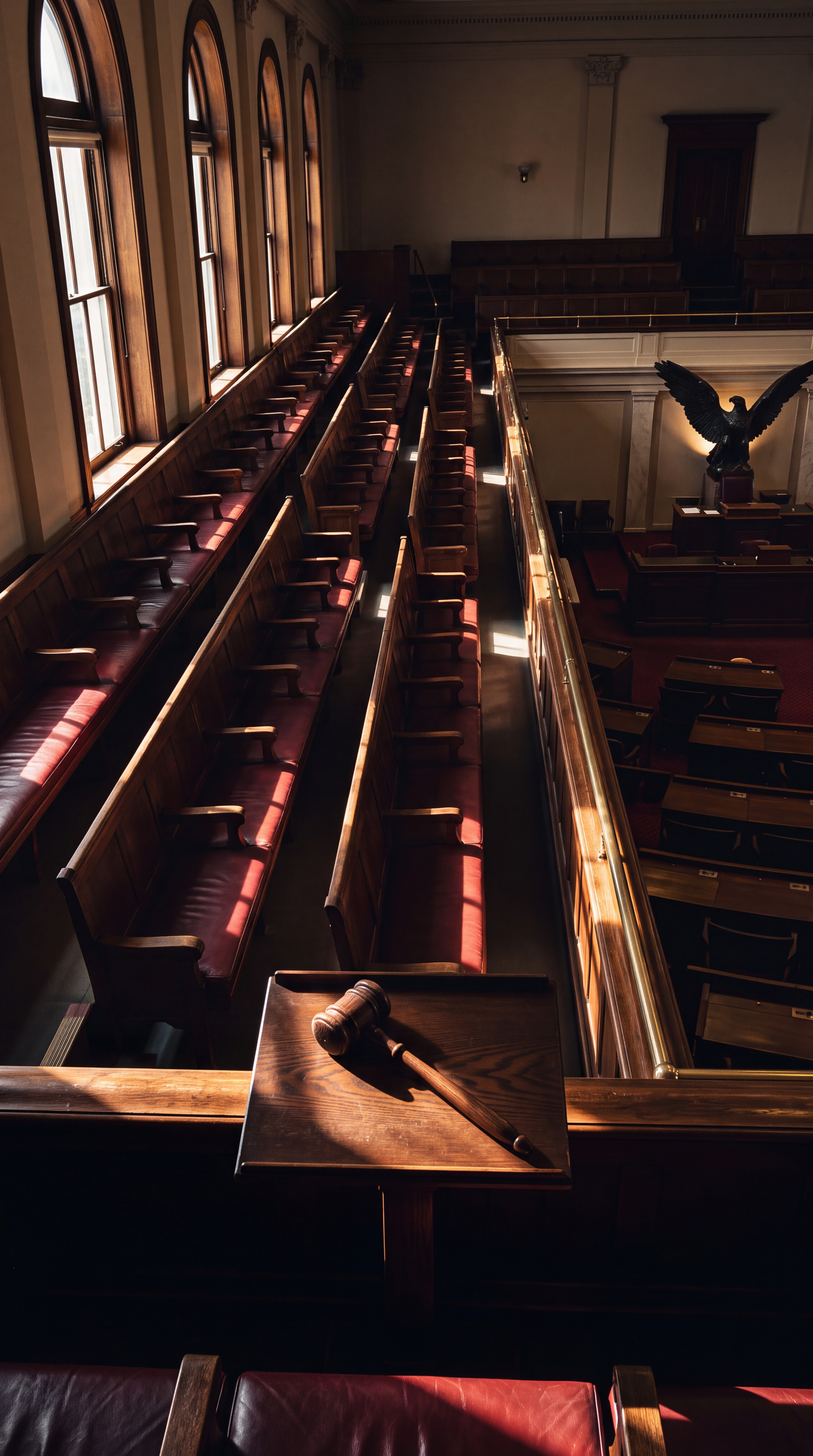 An empty courtroom with wooden benches and a gavel on a podium.