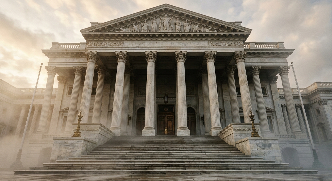 A grand building with large columns and stairs, likely a government structure.