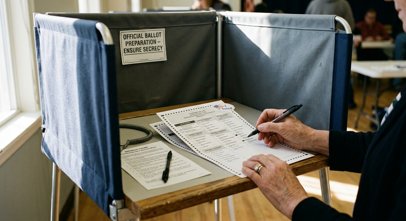 A person filling out a ballot at a voting booth.