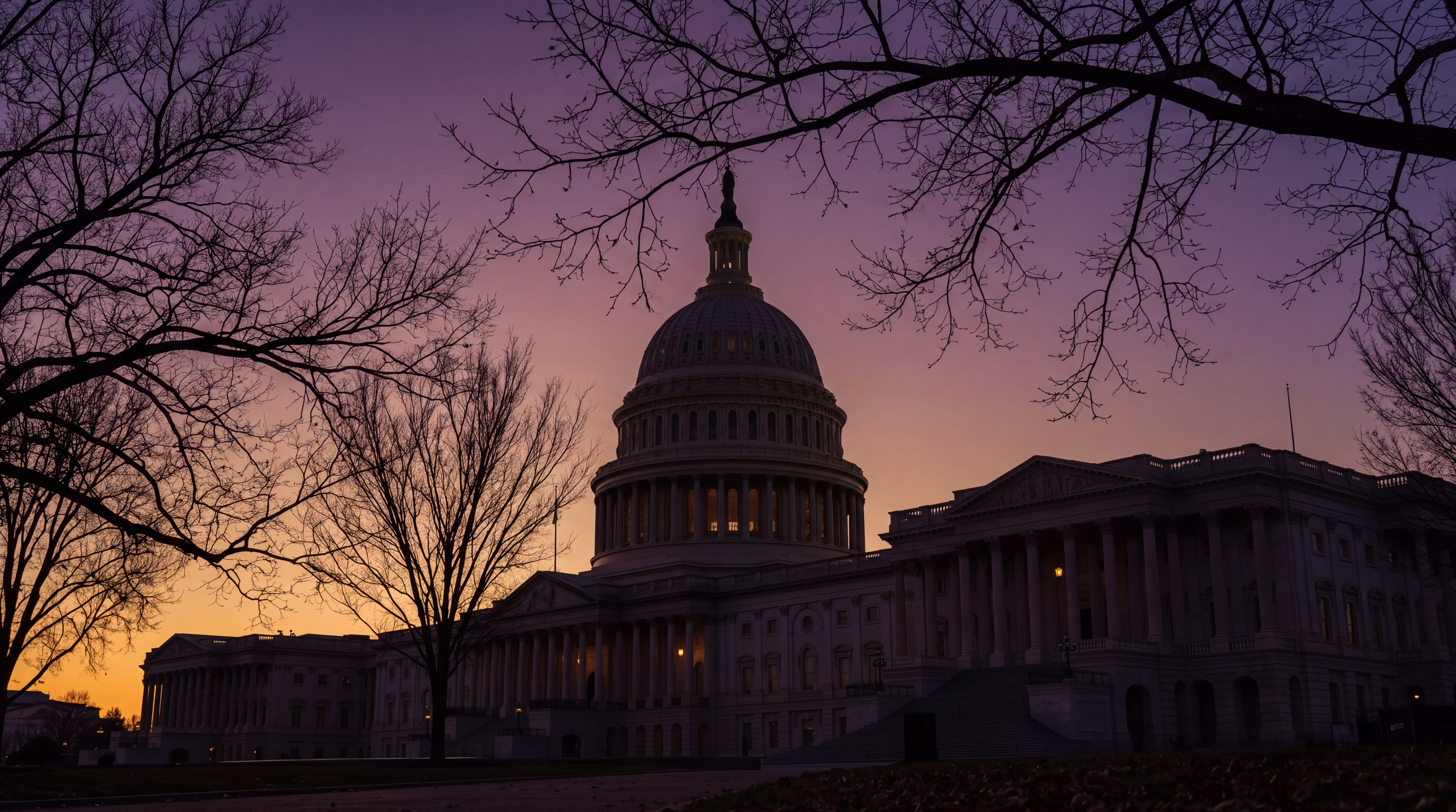 The image shows the United States Capitol building silhouetted against a colorful sunset.