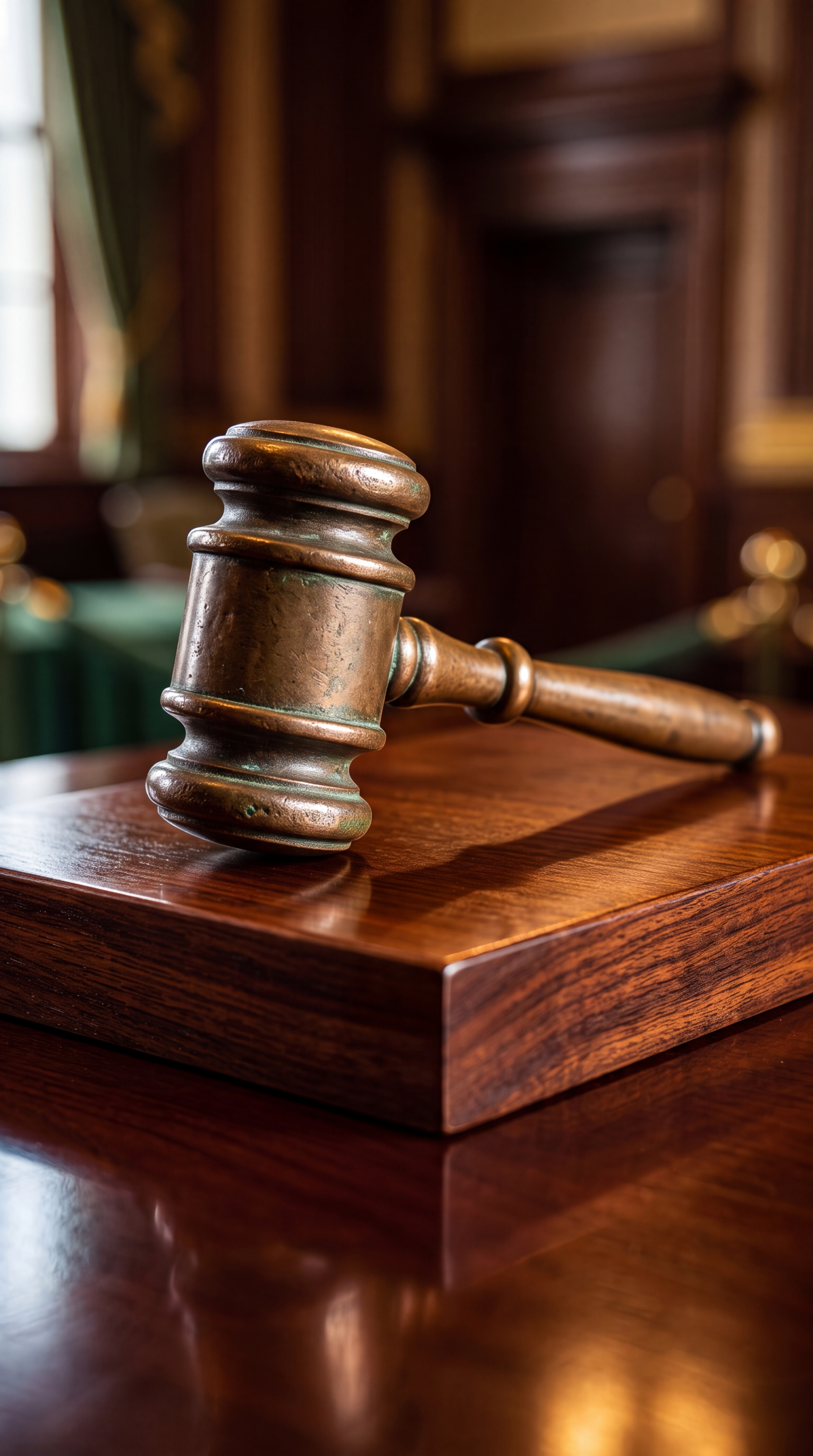 A wooden gavel resting on a polished wooden block in a courtroom setting.