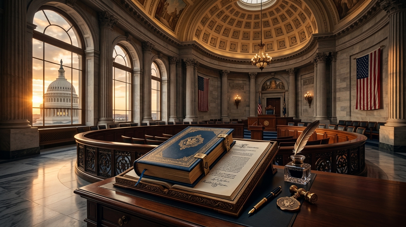 A beautifully decorated courtroom with a large book and quill on a desk, featuring large windows showing a view of the Capitol building.