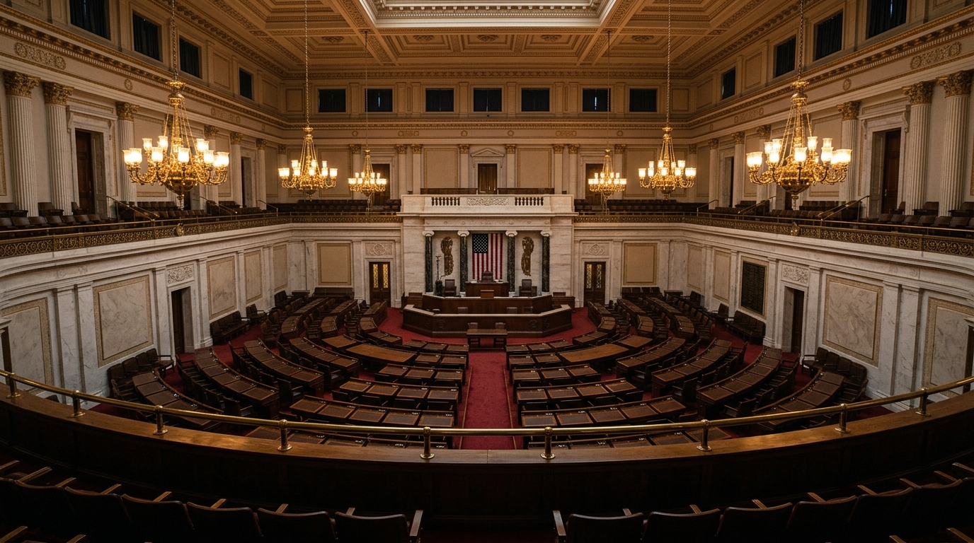 A view of an empty legislative chamber with ornate chandeliers and seating.