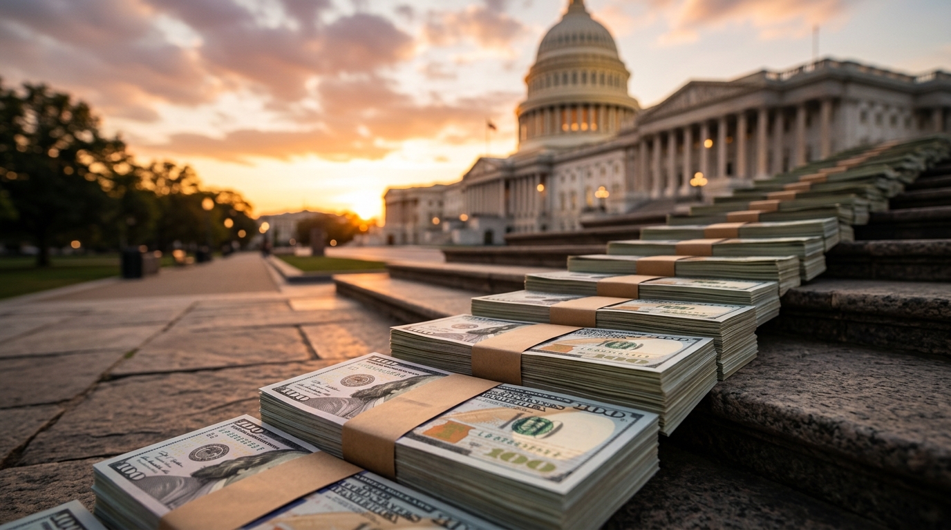 Stacks of money are placed on the steps of a government building during sunset.
