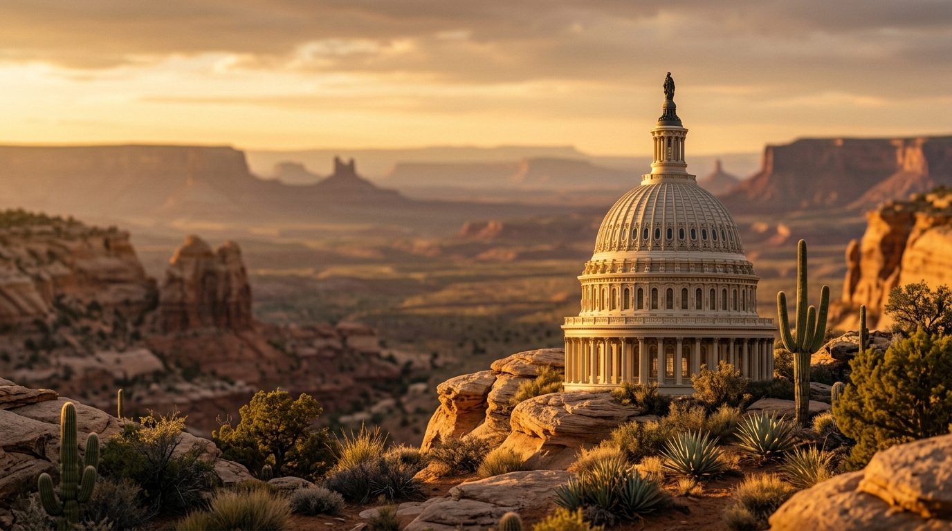 A miniature model of the U.S. Capitol building set against a desert landscape during sunset.