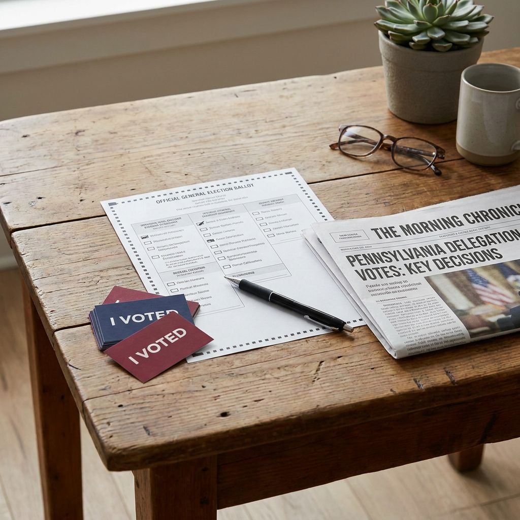A table with a ballot, newspaper, glasses, and a plant.
