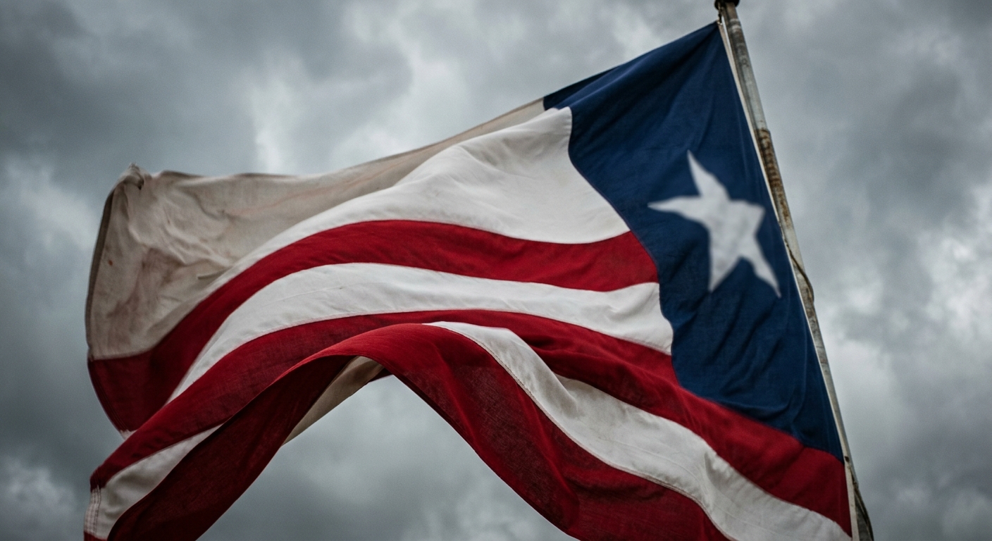 A flag with red and white stripes and a blue field featuring a white star is waving against a cloudy sky.