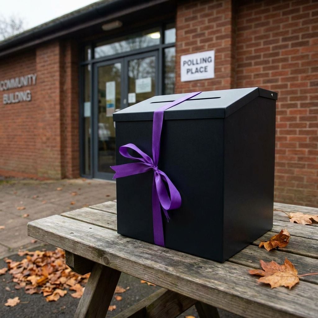 A black ballot box with a purple ribbon placed on a wooden bench outside a polling place.