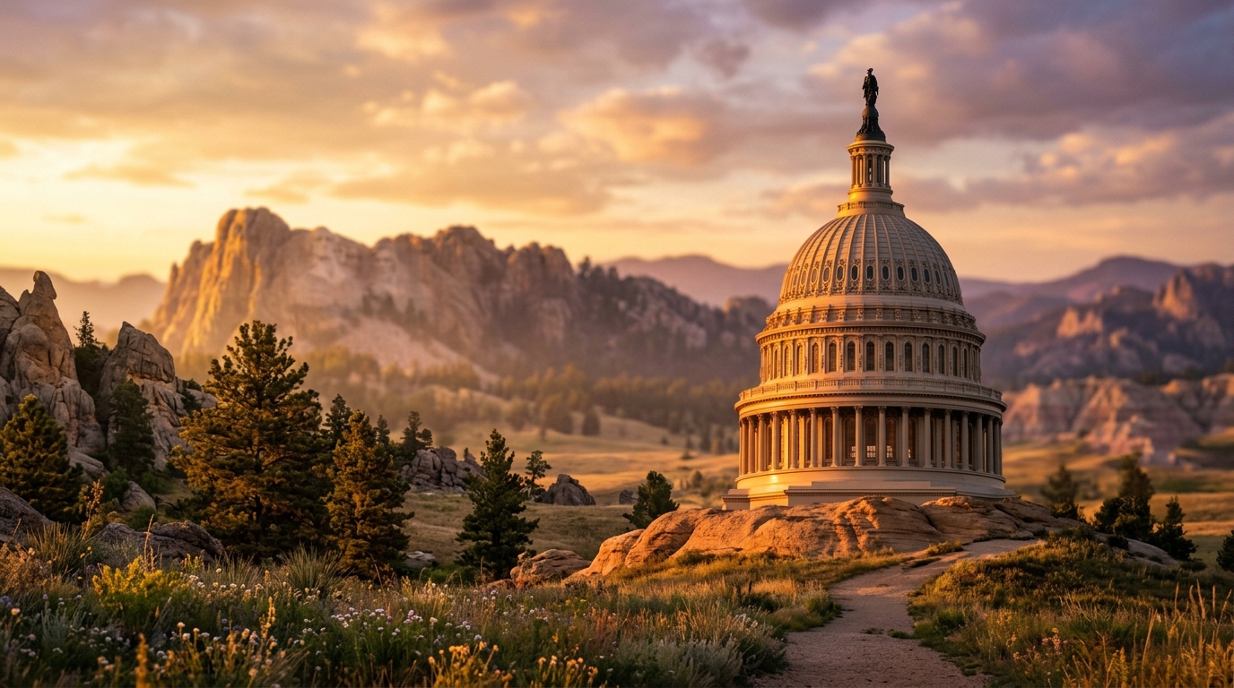 A dome-shaped building is set against a backdrop of mountains during sunset.
