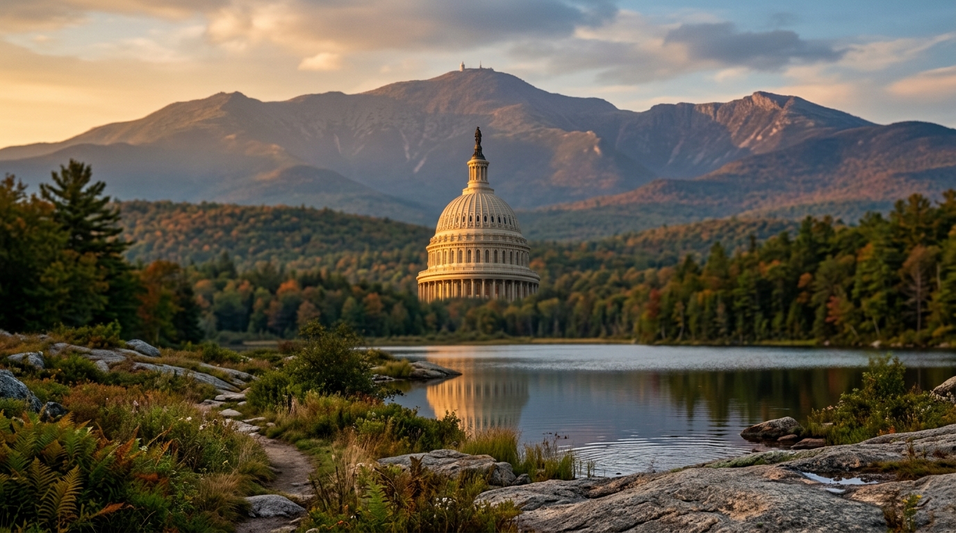 A surreal image featuring a floating capitol dome above a serene lake surrounded by mountains and trees.
