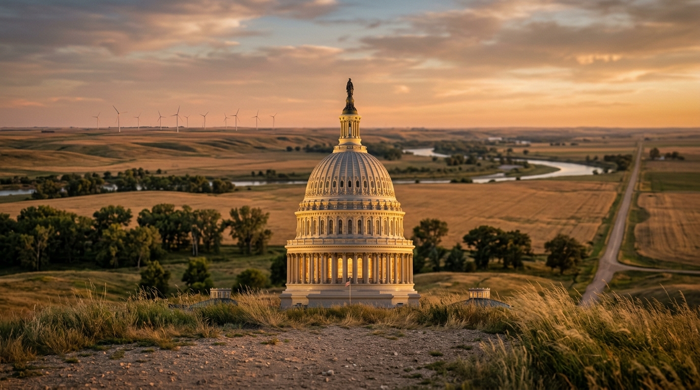 The image shows the U.S. Capitol building at sunset with a scenic landscape in the background.