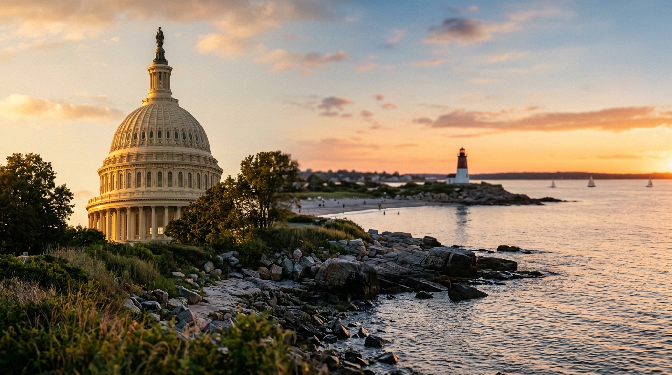 A view of the Capitol building beside a coastline at sunset.