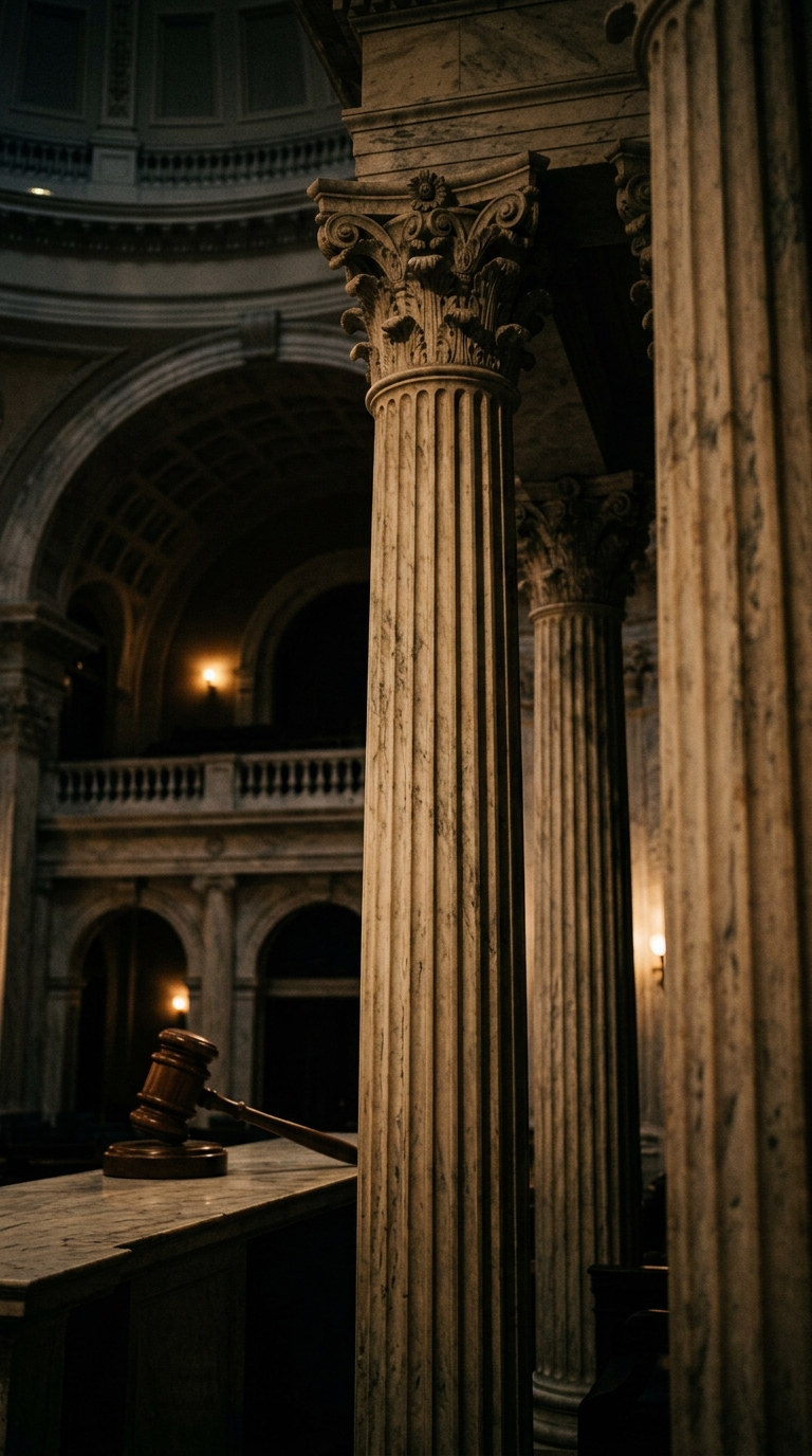 A close-up view of a gavel resting on a marble surface in a grand courtroom with ornate columns.