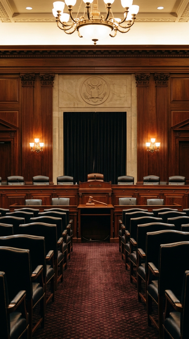 A view of a courtroom with wooden paneling and rows of chairs.