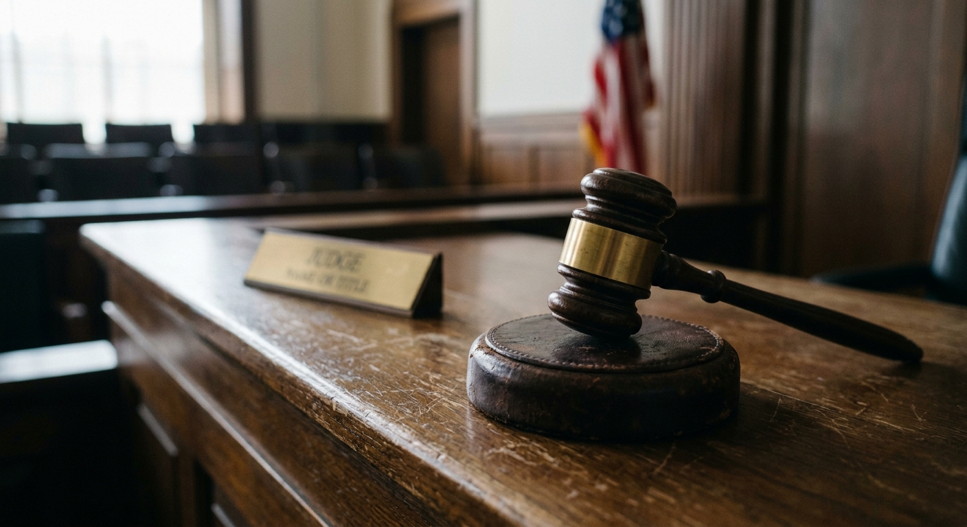A wooden gavel rests on a judge's bench in a courtroom.