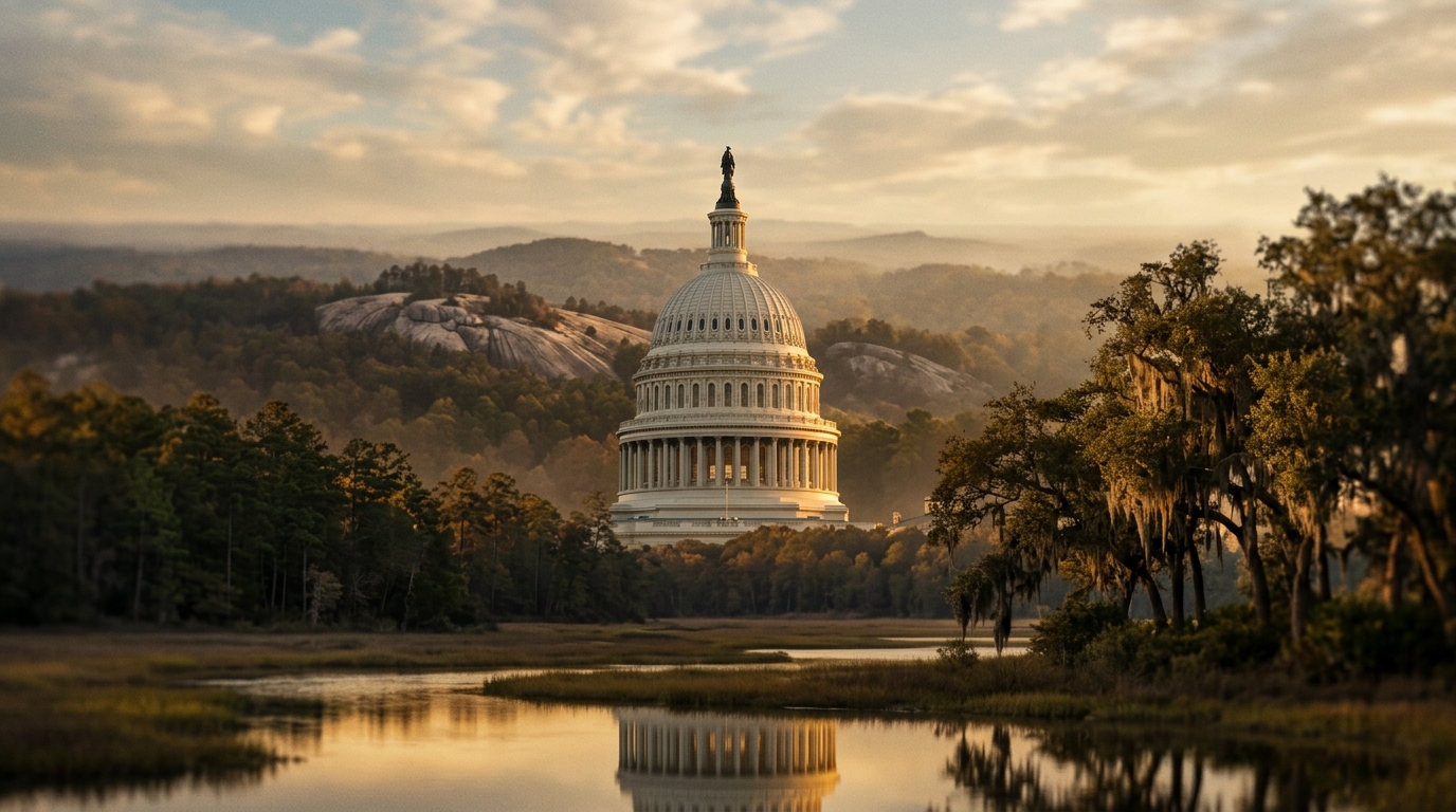 The image shows the U.S. Capitol building surrounded by trees and water at sunset.