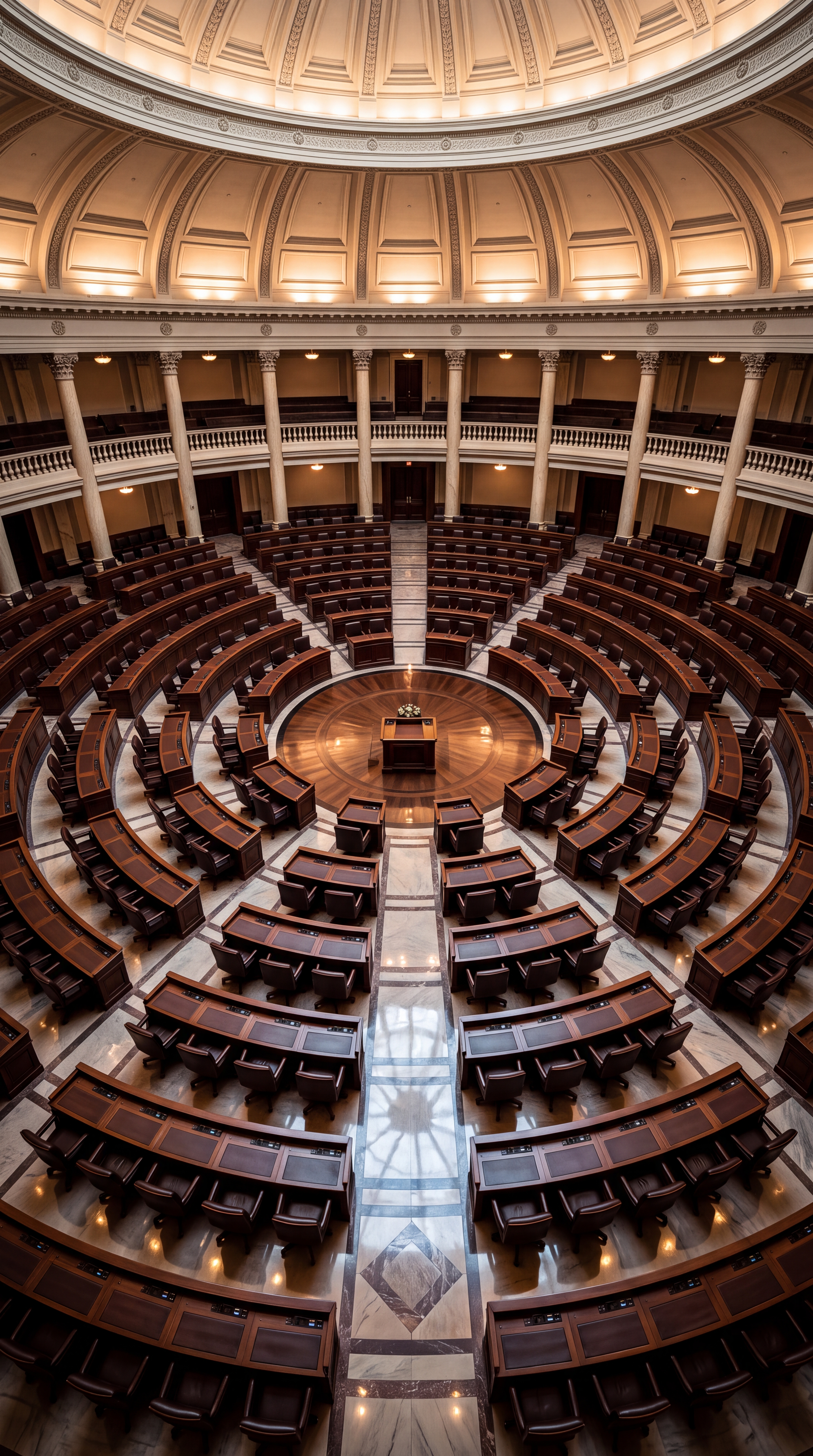 An interior view of a legislative chamber with circular seating arrangements.