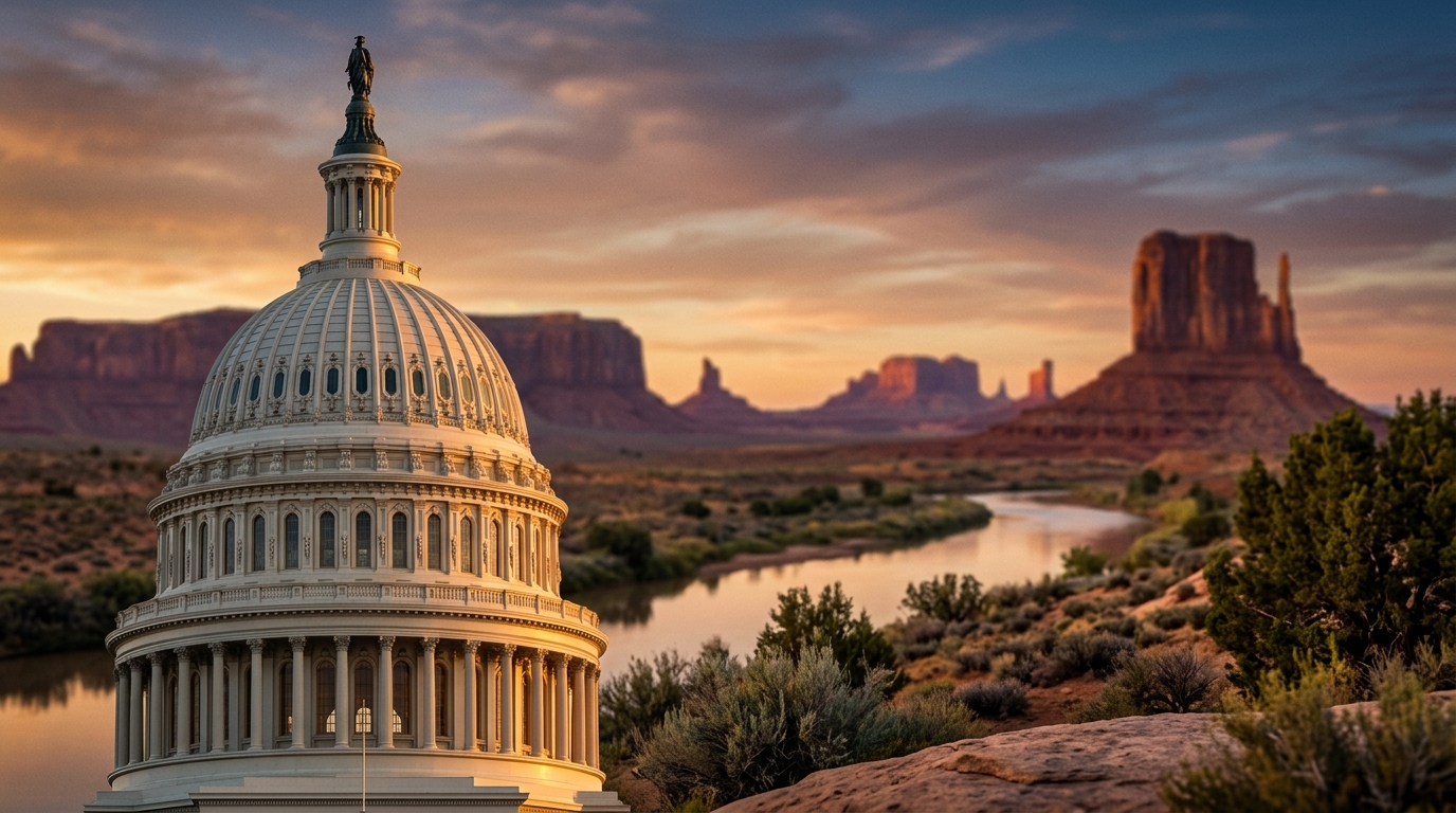 The image features the U.S. Capitol building in the foreground with a desert landscape and rock formations in the background.