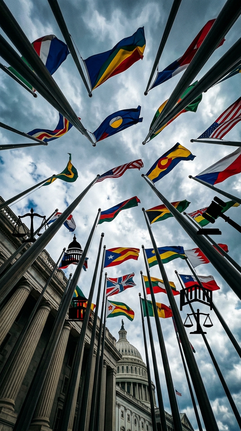 A view of multiple flags flying in front of a government building under a cloudy sky.