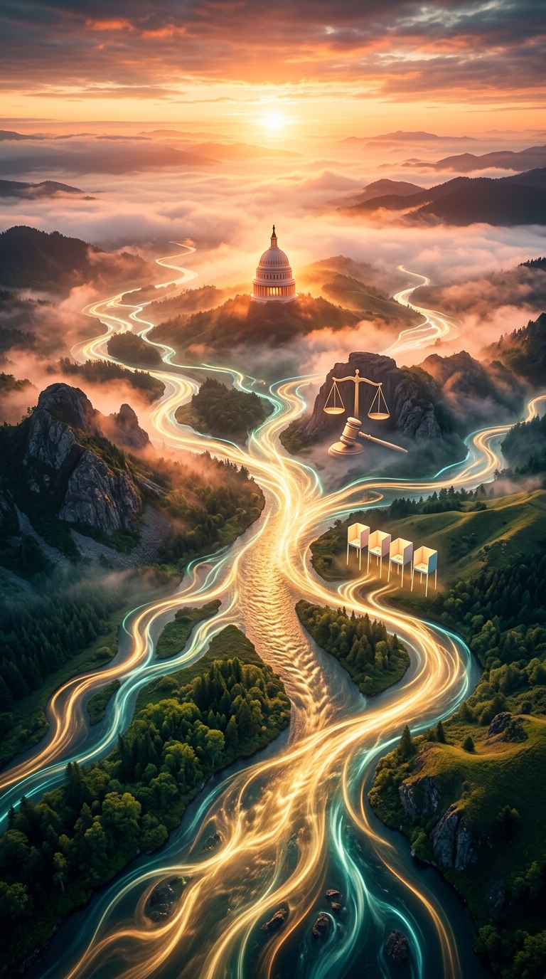 A surreal landscape featuring a capitol building surrounded by flowing rivers and symbolic scales of justice.
