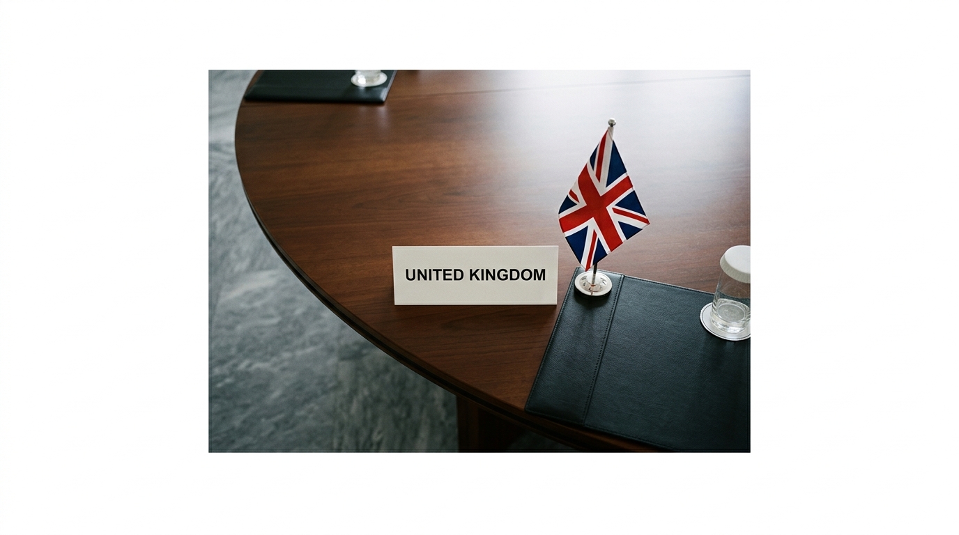 A conference table with a nameplate for the United Kingdom and a small British flag.
