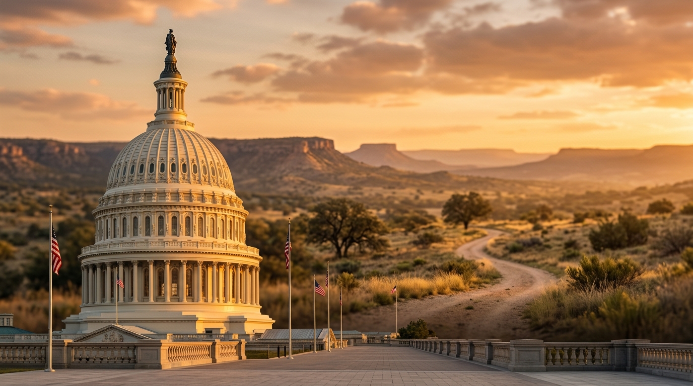 The image features the U.S. Capitol building with a scenic landscape in the background during sunset.