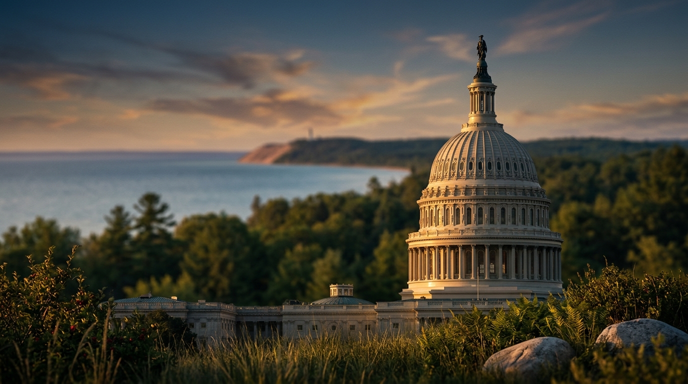 A view of a large dome structure with a statue on top, set against a backdrop of trees and a coastline.