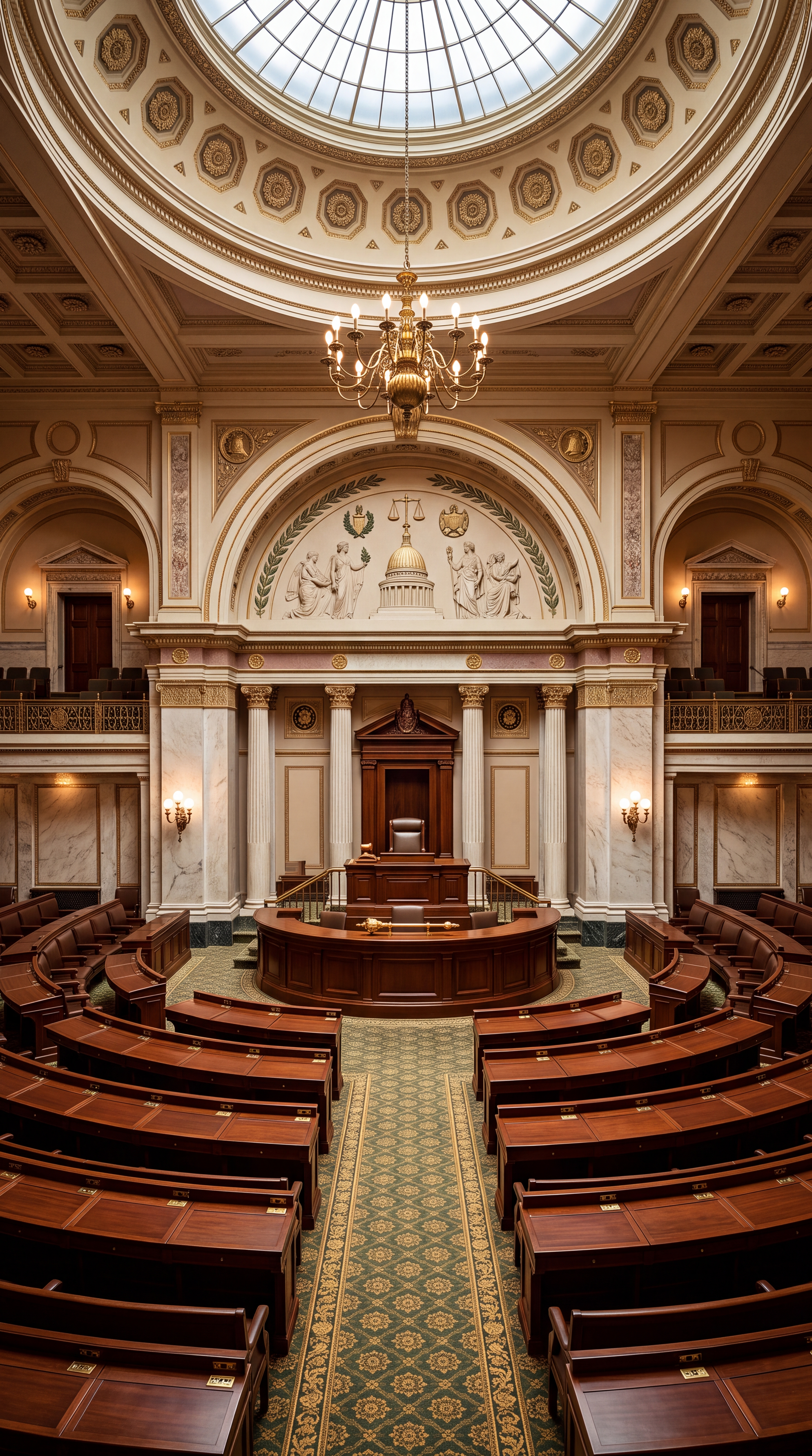 An interior view of a legislative chamber featuring wooden seating and ornate architectural details.