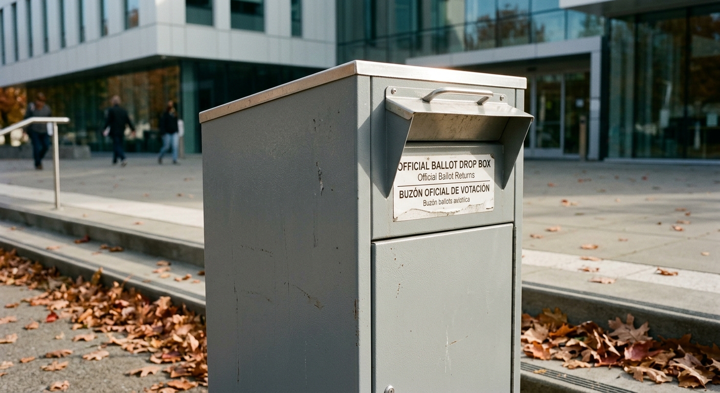 A ballot drop box is positioned outside a modern building with fallen leaves around it.