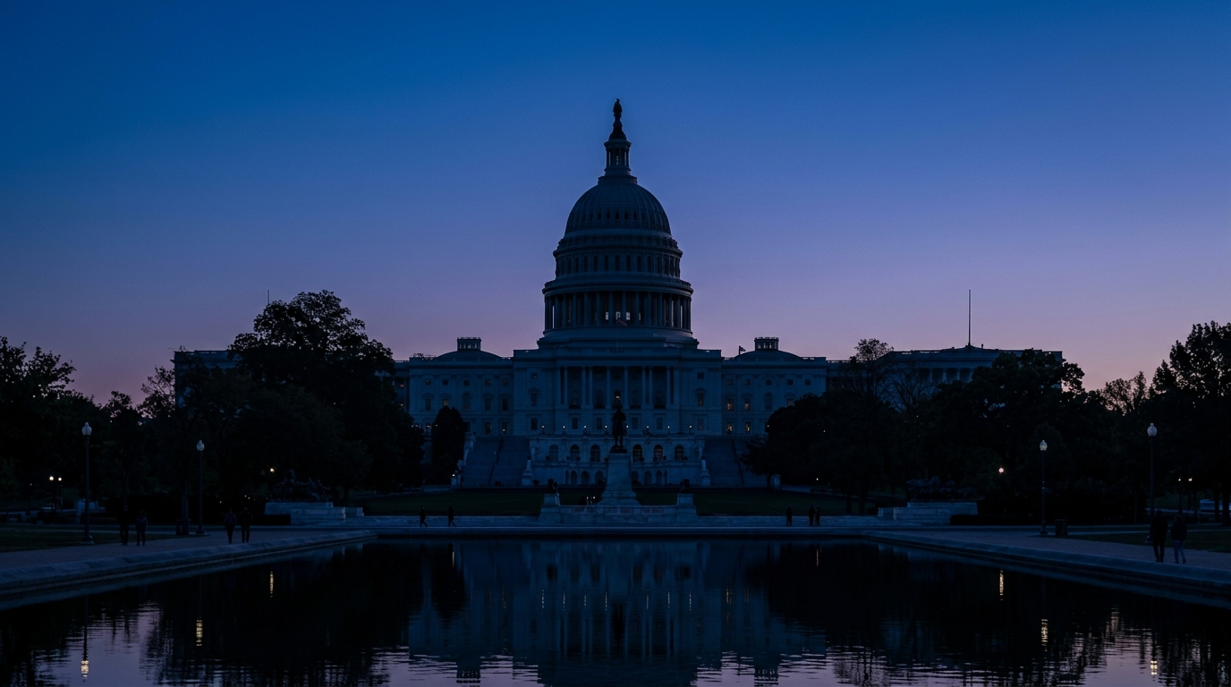 The image shows the United States Capitol building silhouetted against a twilight sky.