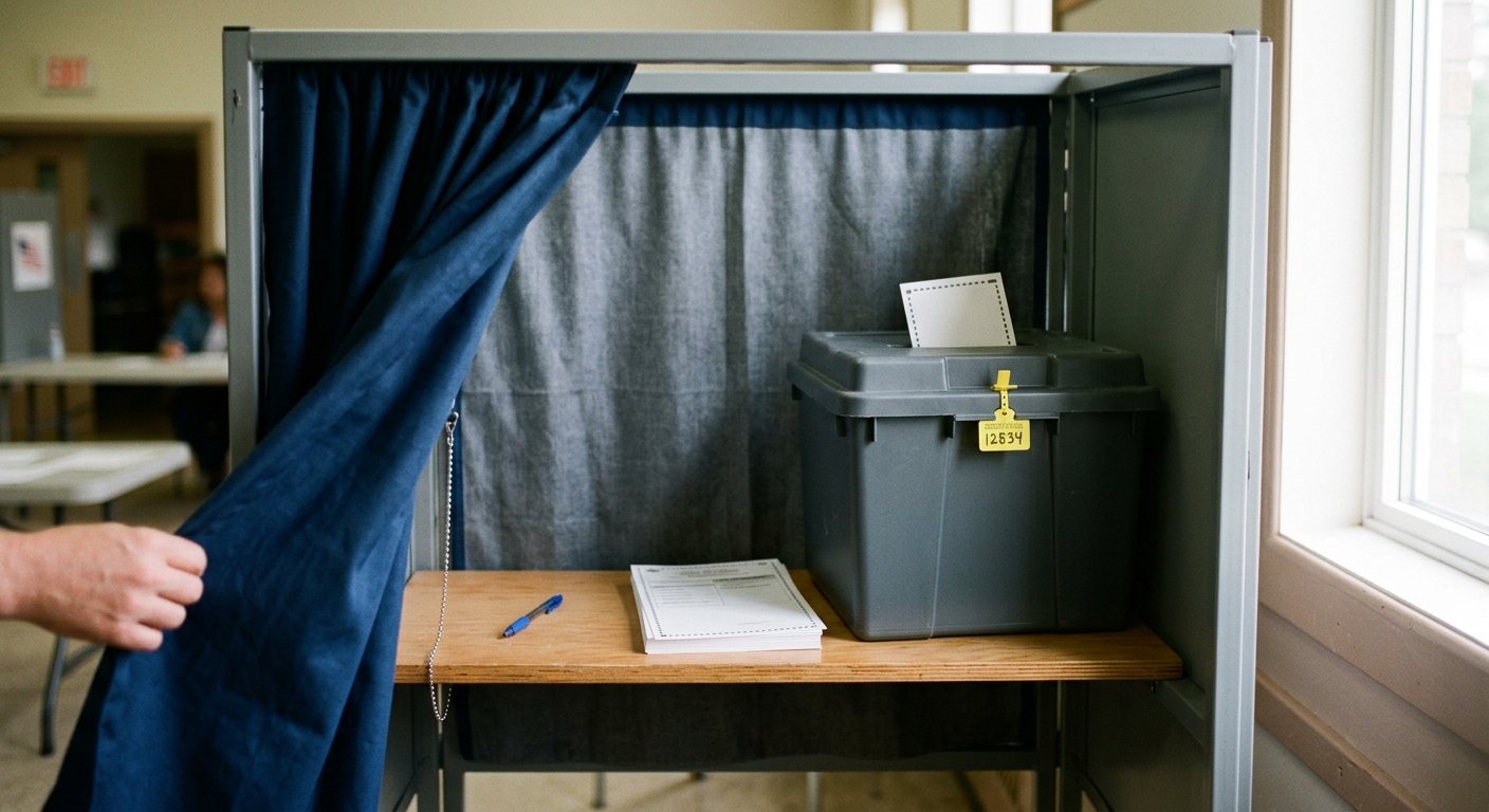 A voting booth with a ballot box and privacy curtain.