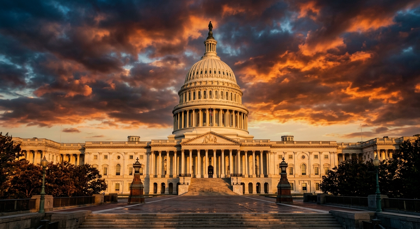 The image shows the United States Capitol building at sunset with dramatic clouds in the sky.