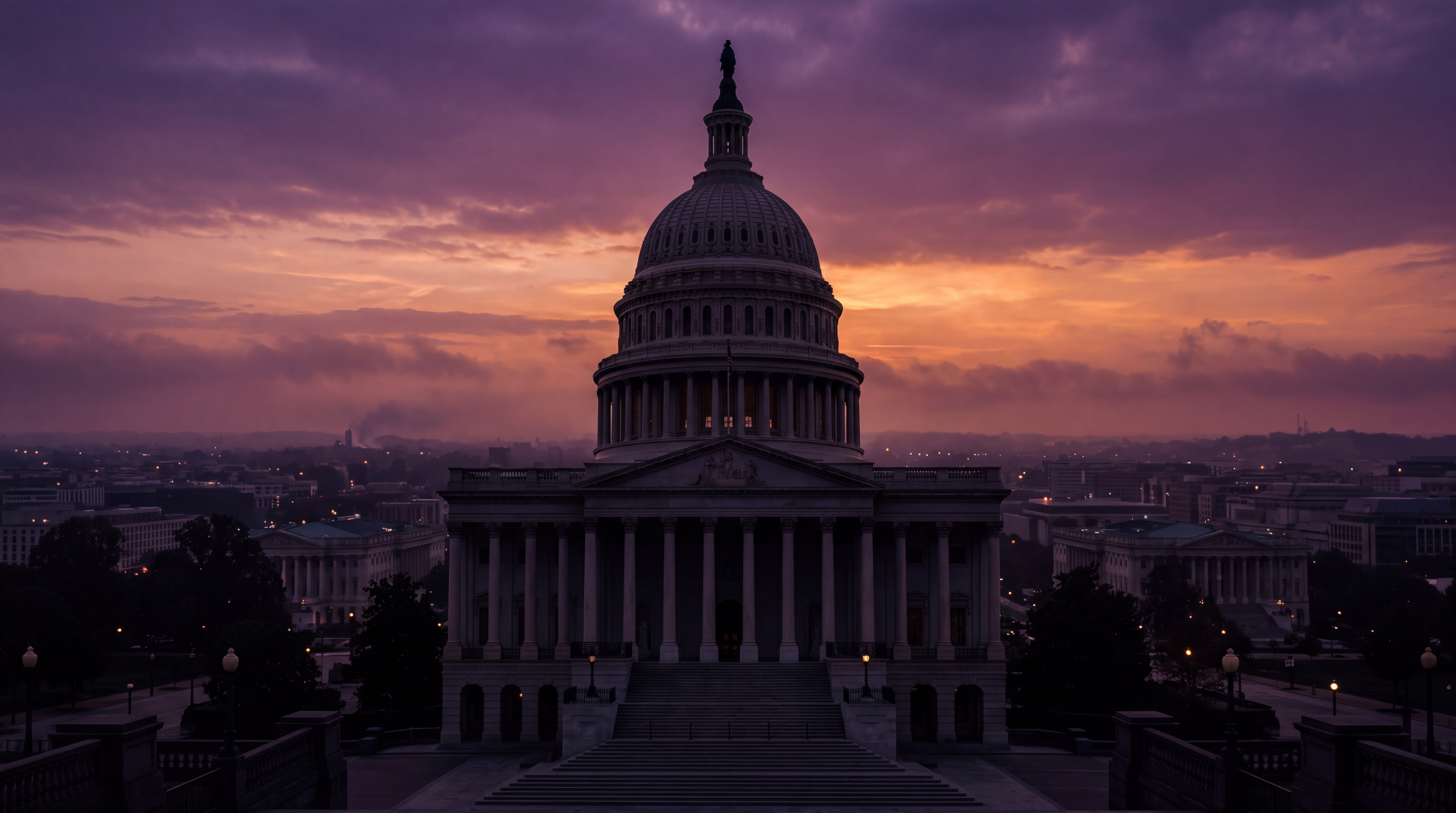 The image shows the United States Capitol building at sunset with a dramatic sky.