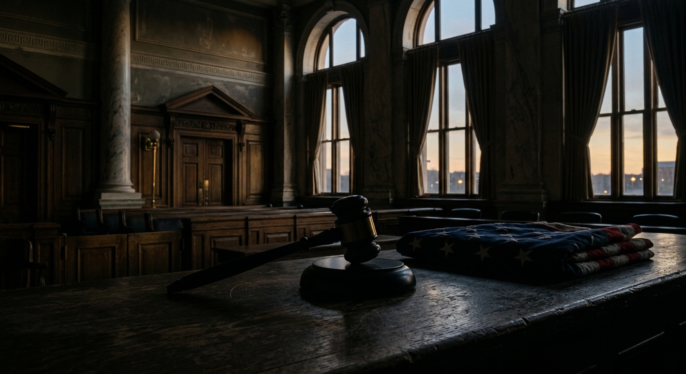 A gavel rests on a wooden table in a courtroom with an American flag folded nearby.