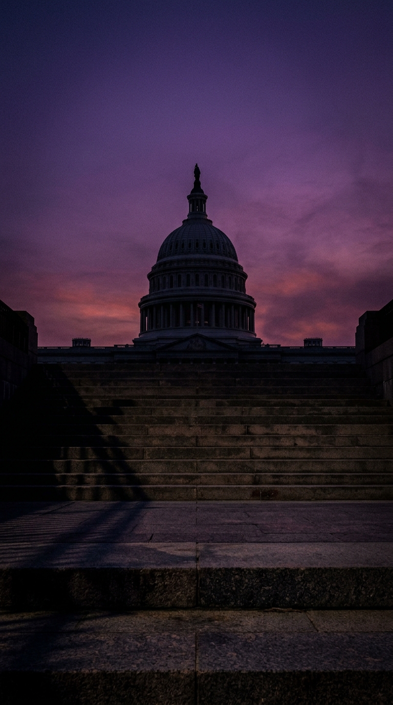 The image shows the silhouette of a large dome building against a colorful twilight sky.