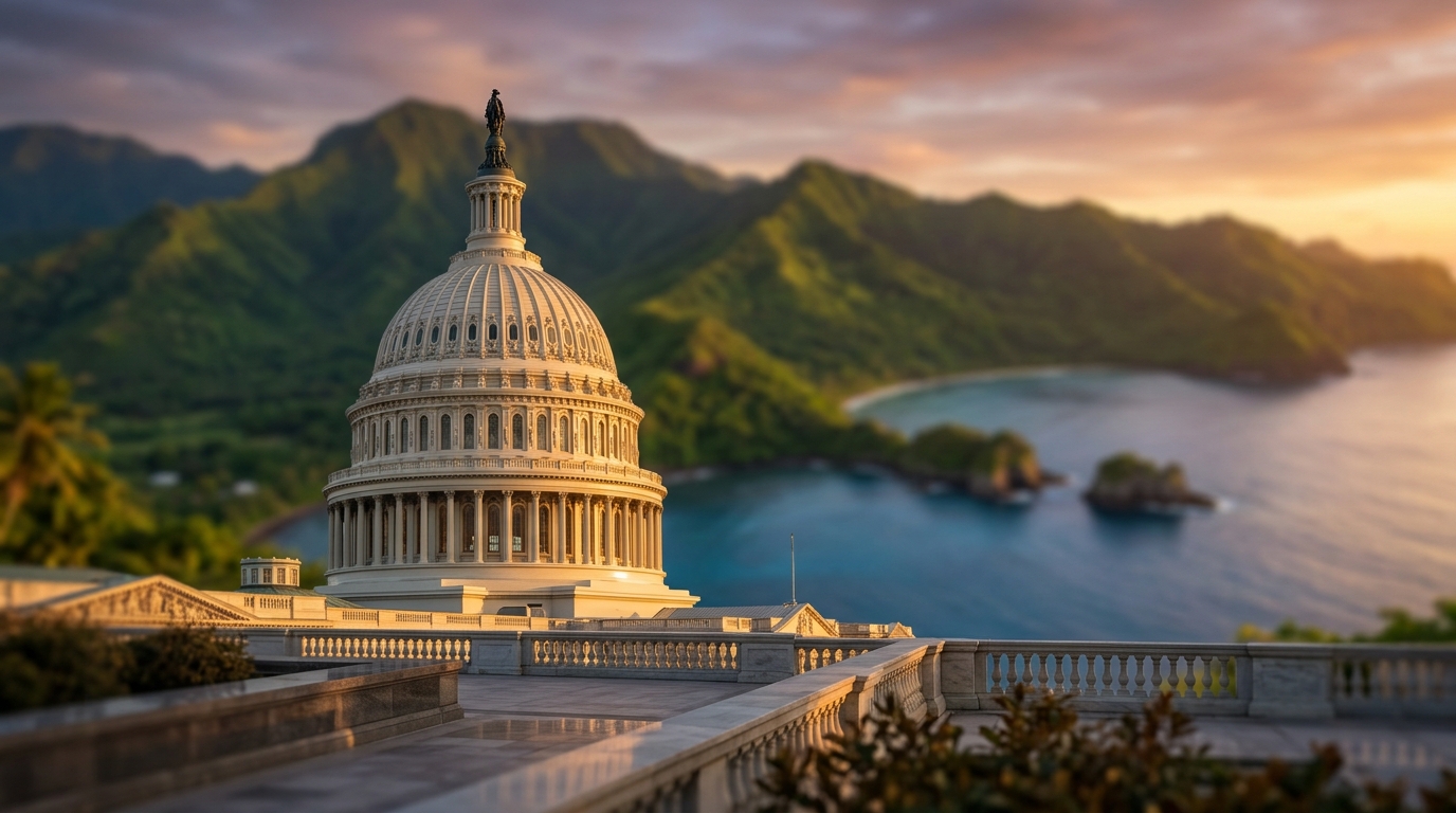 A view of a large dome structure with mountains and a coastline in the background.