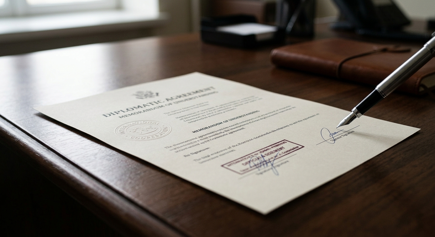 A close-up of a diplomatic agreement document on a wooden desk with a pen poised to sign.