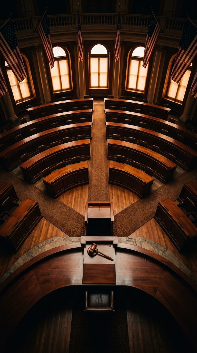 An overhead view of a legislative chamber with wooden seating and a gavel at the center.