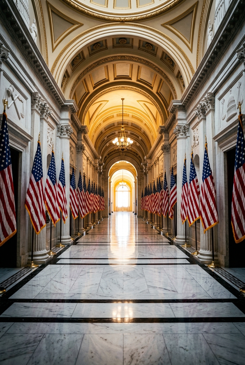 A hallway adorned with multiple American flags leading to a bright entrance.