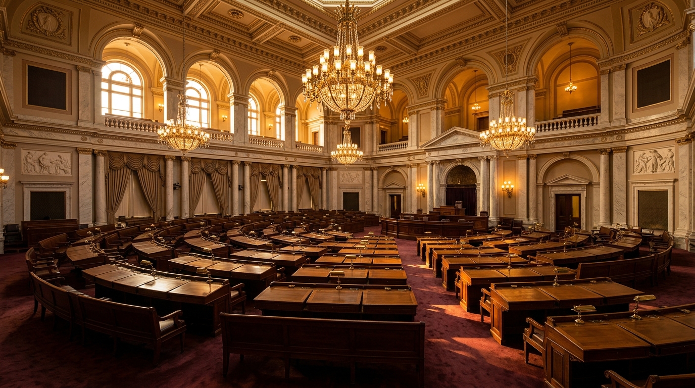 A grand legislative chamber with ornate chandeliers and rows of wooden desks.