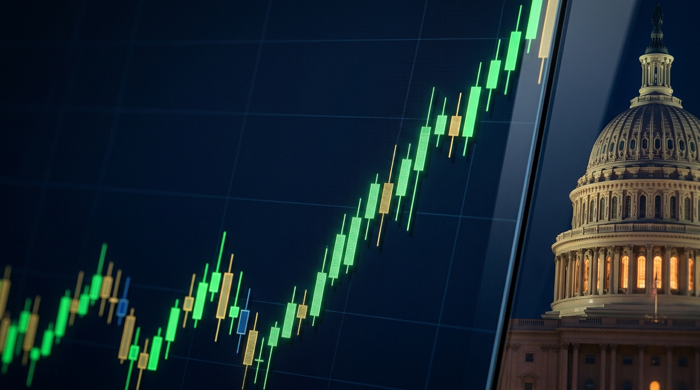 A stock market graph is shown alongside the U.S. Capitol building.