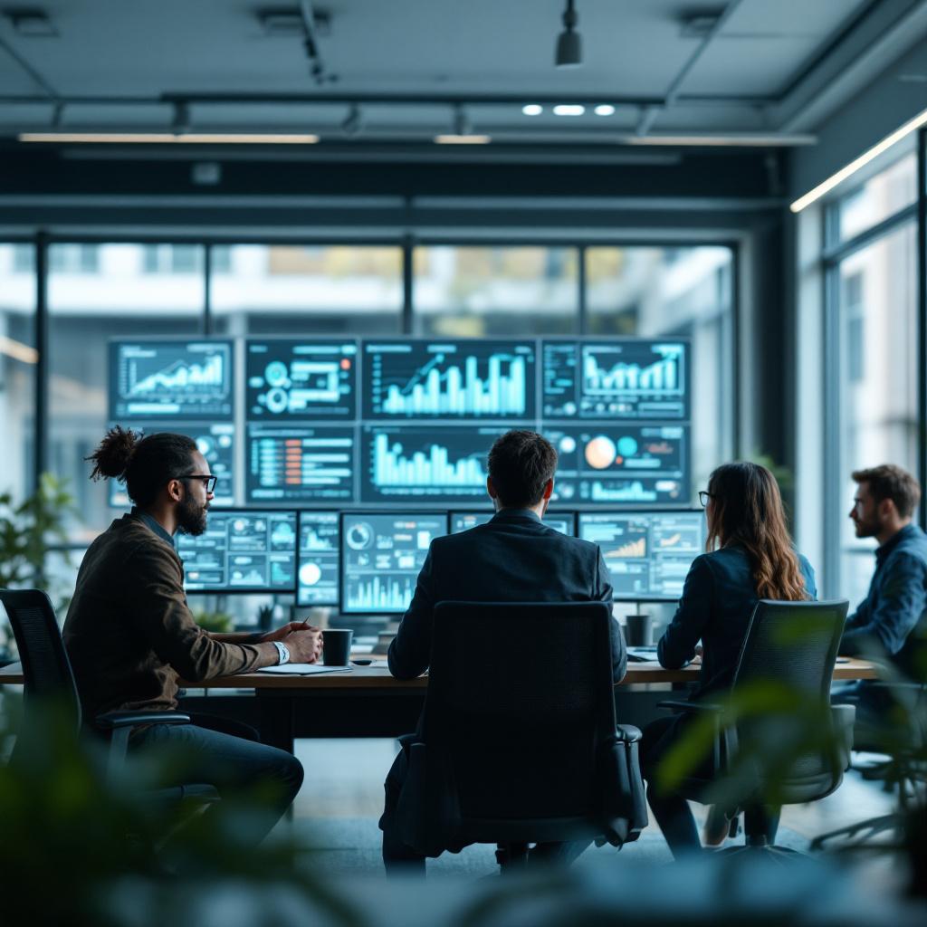 A group of professionals is engaged in a meeting in a modern office with large screens displaying data analytics.