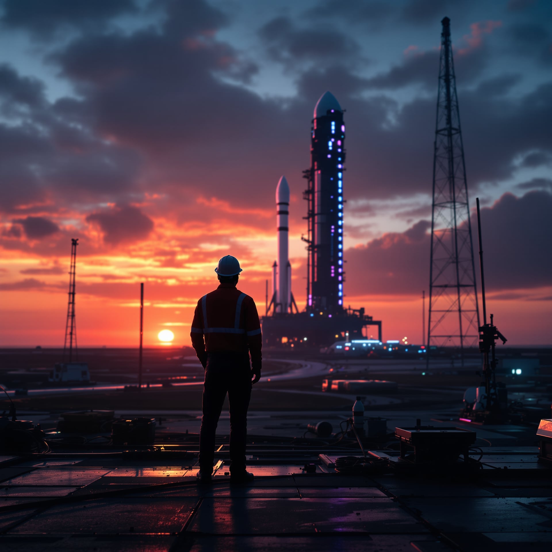 A silhouette of a worker in a hard hat observing a rocket launch pad at sunset.