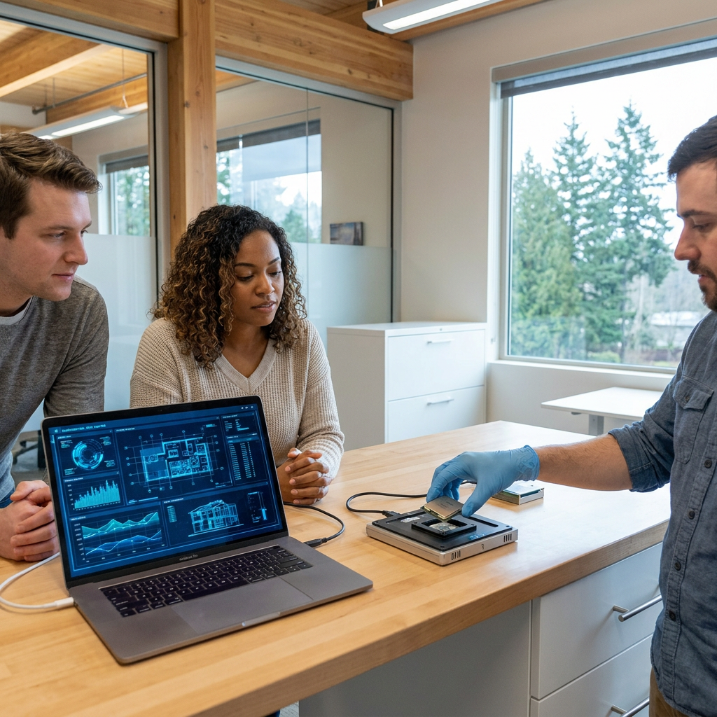 Three people are engaged in a discussion while examining a device on a table with a laptop displaying data.