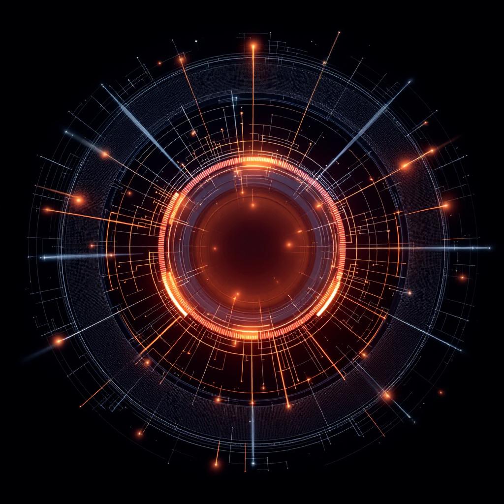 An abstract digital design featuring circular patterns and glowing lines.
