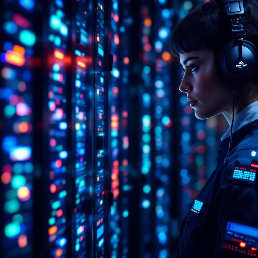 A woman wearing headphones stands in front of a wall of illuminated server racks.