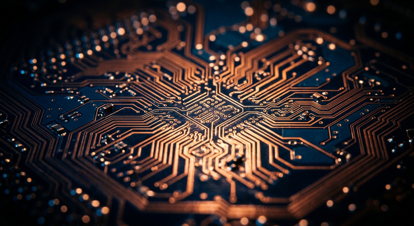 A close-up view of a circuit board with intricate copper pathways.